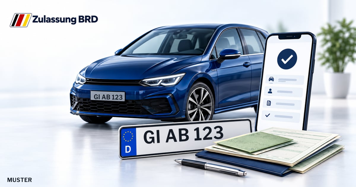 Online Fahrzeugzulassung in Wettenberg: Musterkennzeichen GI AB 123, Auto und Fahrzeugpapiere und Smartphone. Illustration mit Logo von Zulassung BRD.